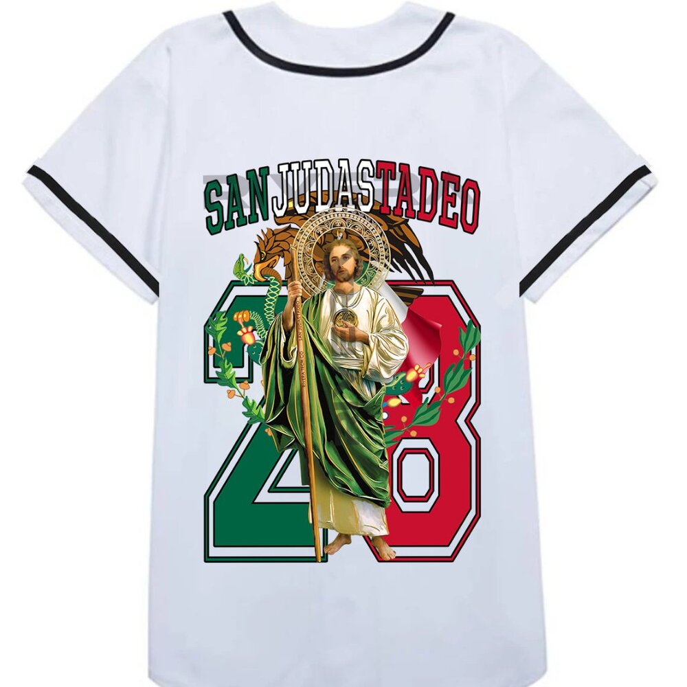 San Judas Tadeo Baseball Jersey White Mexico Map Flag, St. Jude Feast Day Oct 28